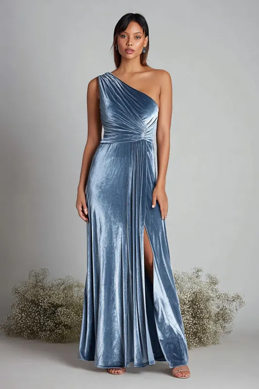 One Shoulder Dusty Blue A-Line Velvet Formal Dress with Slit sold by Zapaka