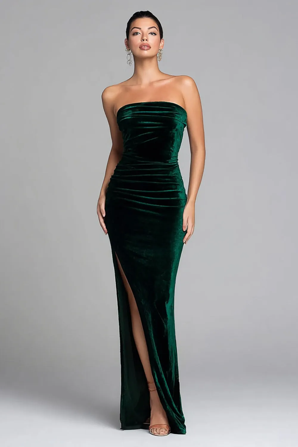Dark Green Strapless Sheath Velvet Formal Dress with Slit sold by Zapaka