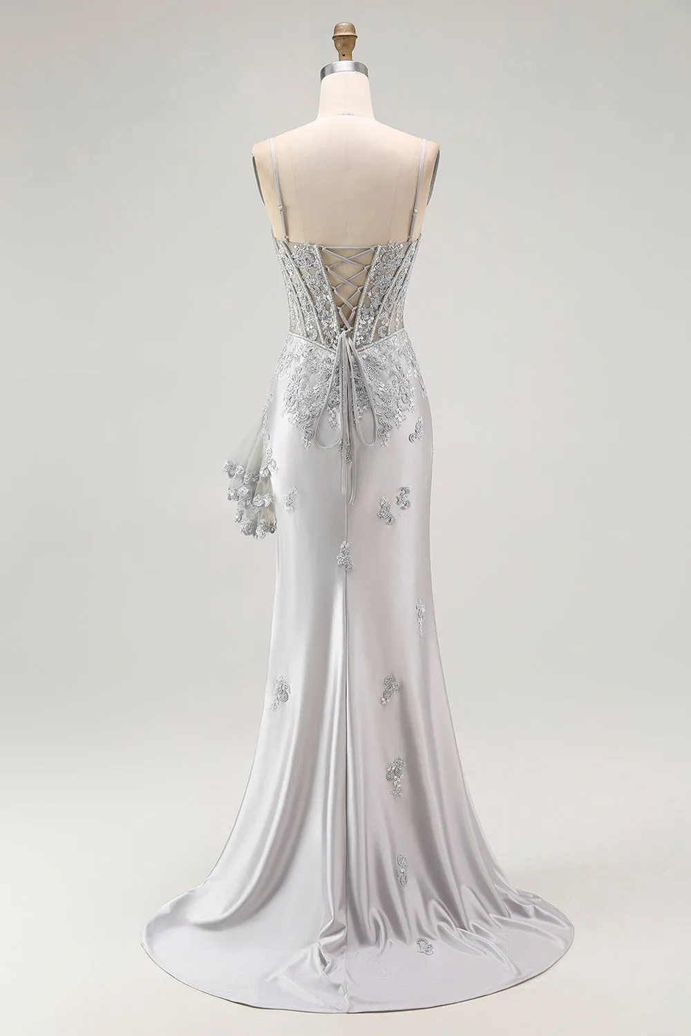 Silver Sheath Spaghetti Straps Beaded Corset Long Prom Dress with Appliques sold by Zapaka product image thumbnail 2