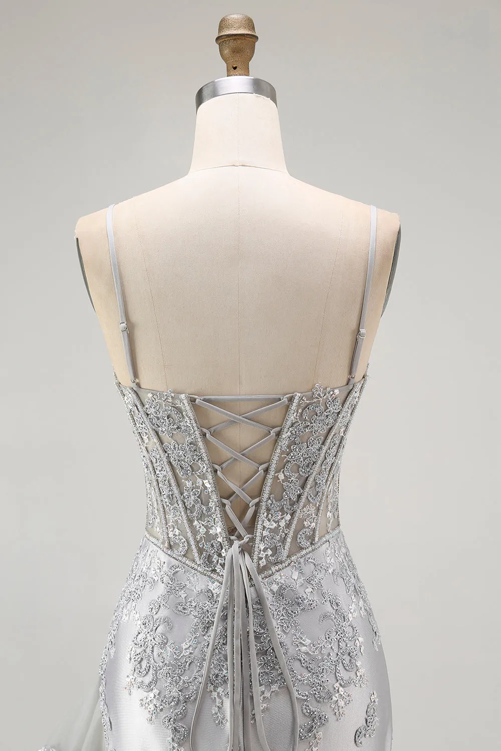 Silver Sheath Spaghetti Straps Beaded Corset Long Prom Dress with Appliques sold by Zapaka product image thumbnail 5