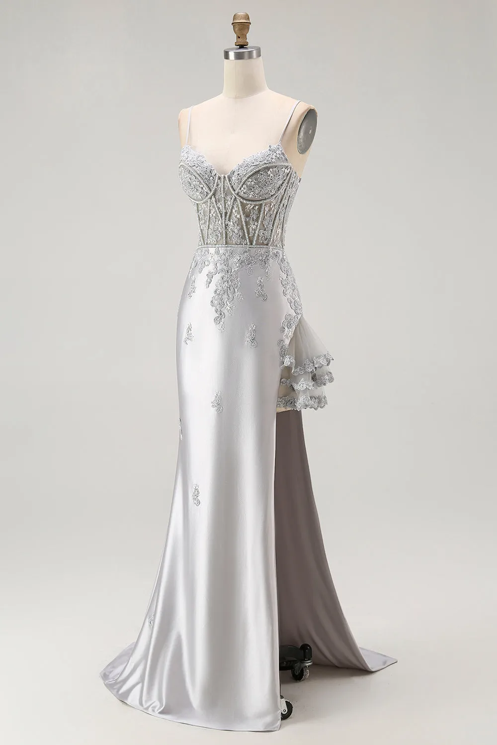 Silver Sheath Spaghetti Straps Beaded Corset Long Prom Dress with Appliques sold by Zapaka product image thumbnail 3