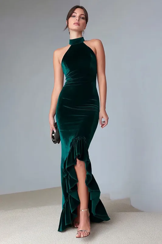 Dark Green Mermaid Halter Velvet Ruffles Long Formal Dress with Slit made by Zapaka
