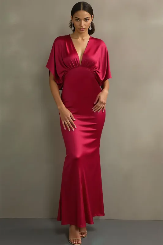 Fuchsia Satin Mermaid V-Neck Long Formal Dress sold by Zapaka
