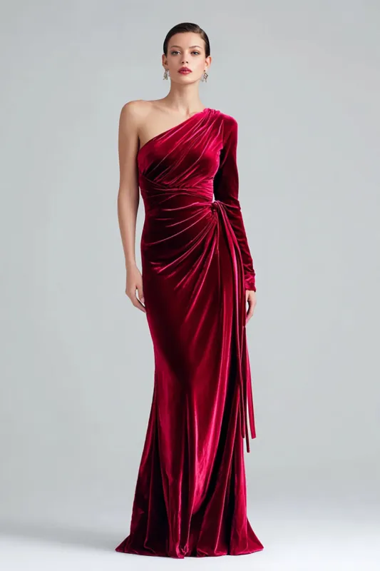 Burgundy Mermaid One Shoulder Velvet Ruched Long Formal Dress sold by Zapaka