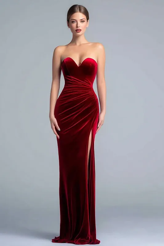 Burgundy Sheath Sweetheart Neck Velvet Long Formal Dress with Slit sold by Zapaka