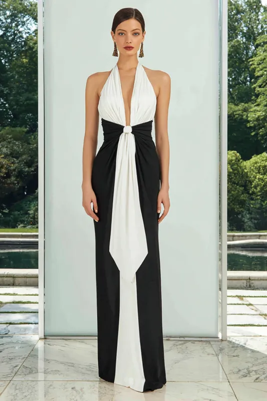 Black and White Deep V-Neck Ruched Sheath Long Formal Dress sold by Zapaka