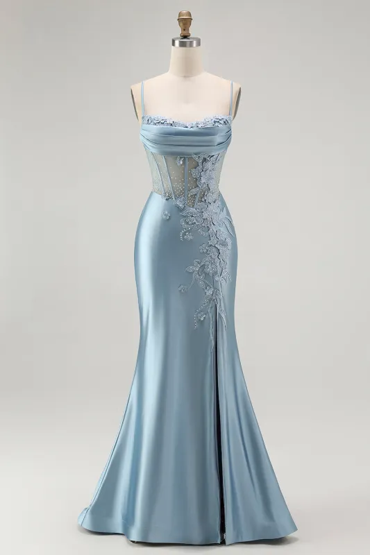 Grey Blue Mermaid Beaded Appliqued Corset Long Prom Dress with Slit sold by Zapaka