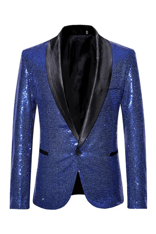 Sparkly Blue Shawl Lapel One Button Men's Prom Blazer sold by Zapaka