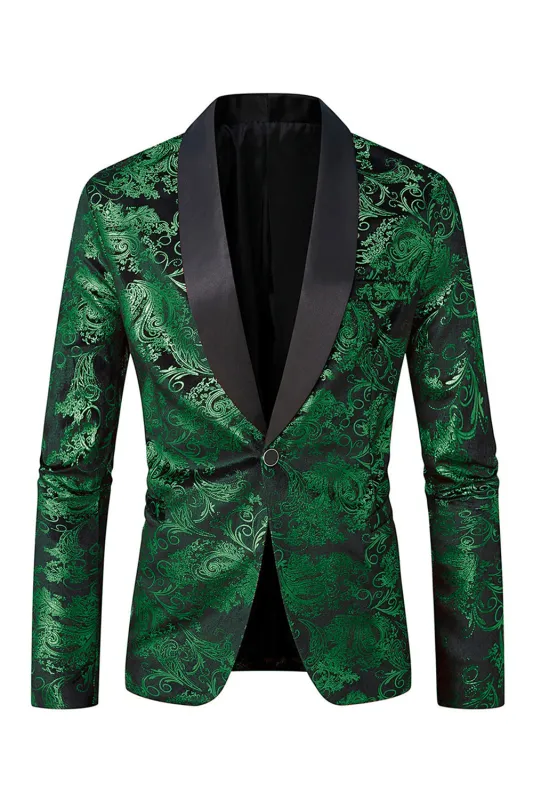 Green Shawl Lapel One Button Jacquard Men's Prom Blazer sold by Zapaka