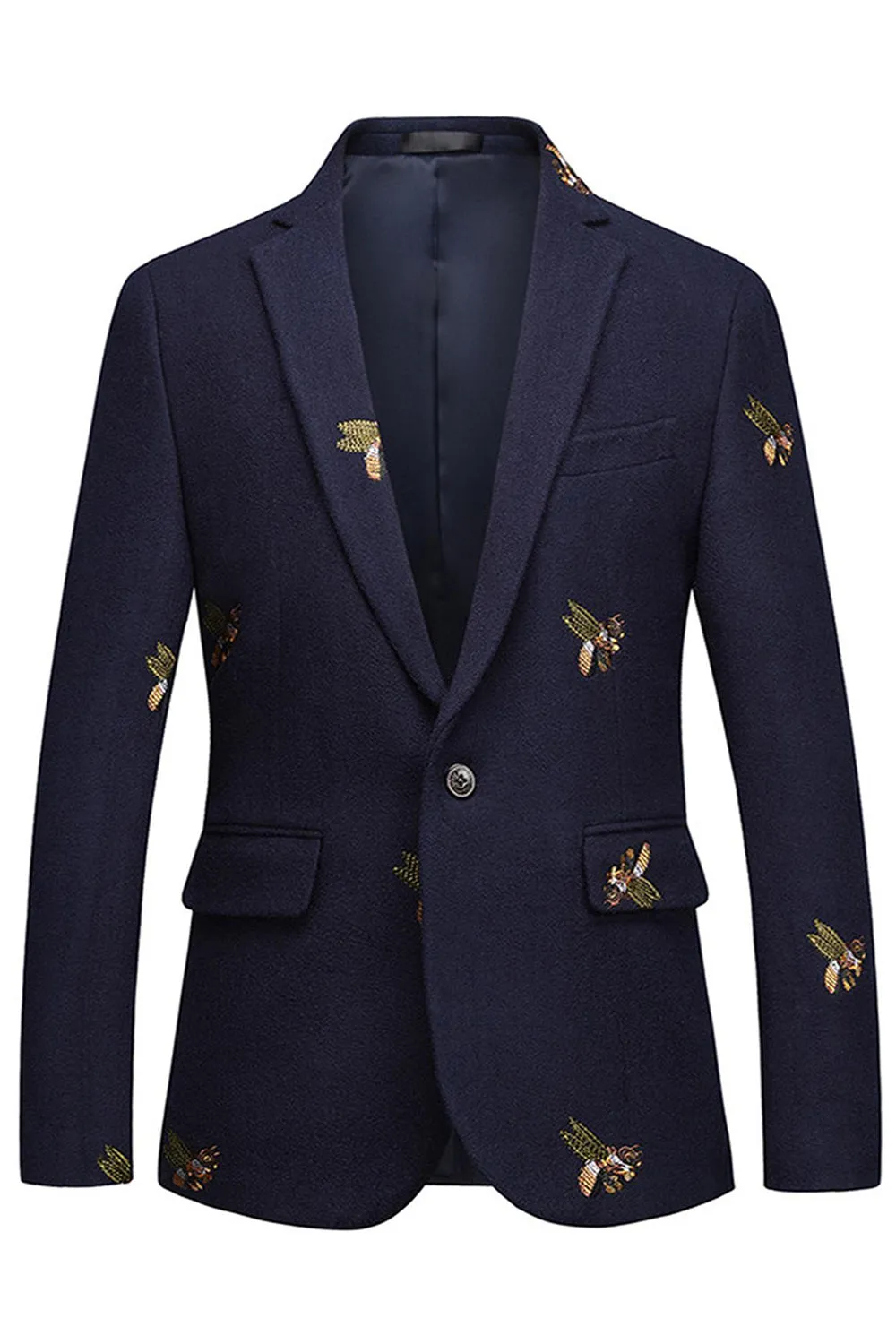 Navy Notched Lapel One Button Embroidered Men's Blazer sold by Zapaka