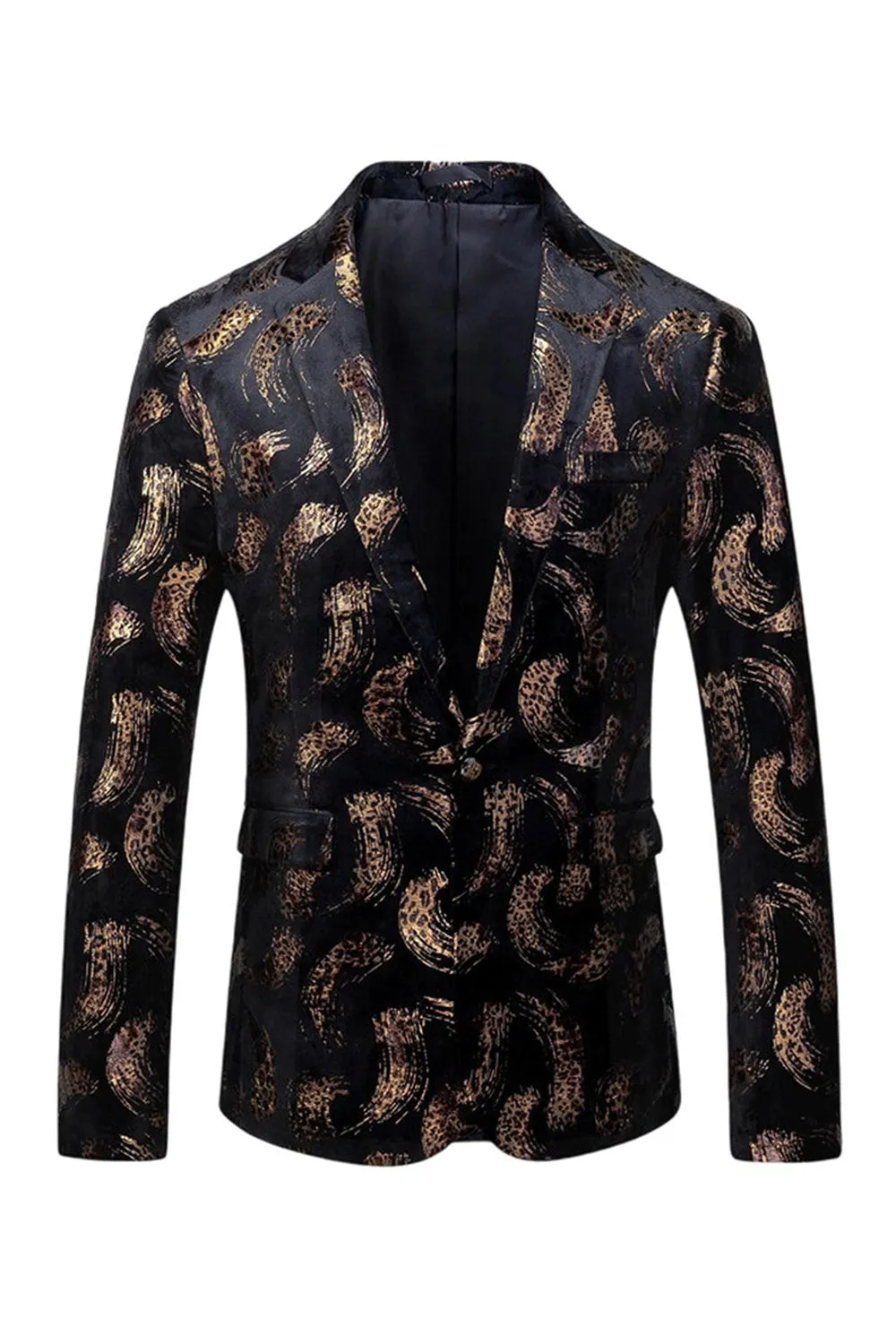 Men's Black Golden Printed Notched Lapel Prom Blazer sold by Zapaka