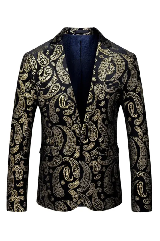 Men's Black Golden Notched Lapel Printed Blazer sold by Zapaka