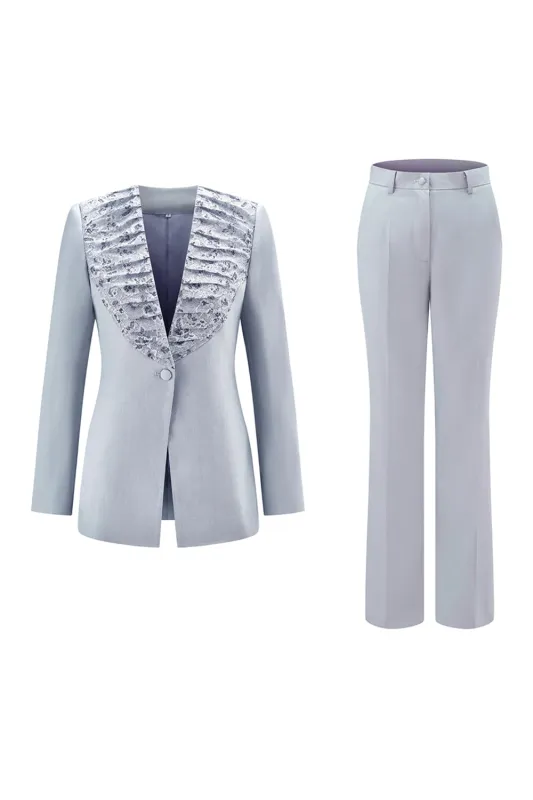 Grey Blue One 2-Piece Button Women Suits with Lace sold by Zapaka