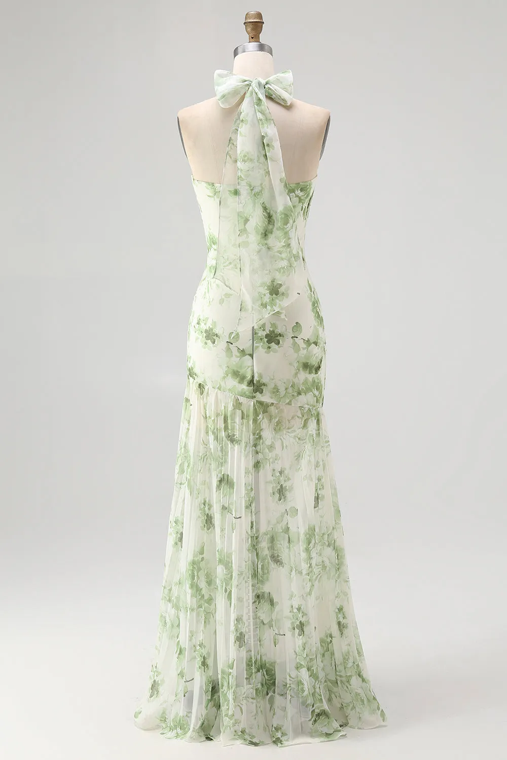 Green Flower A-Line Halter Pleated Long Bridesmaid Dress sold by Zapaka product image thumbnail 2