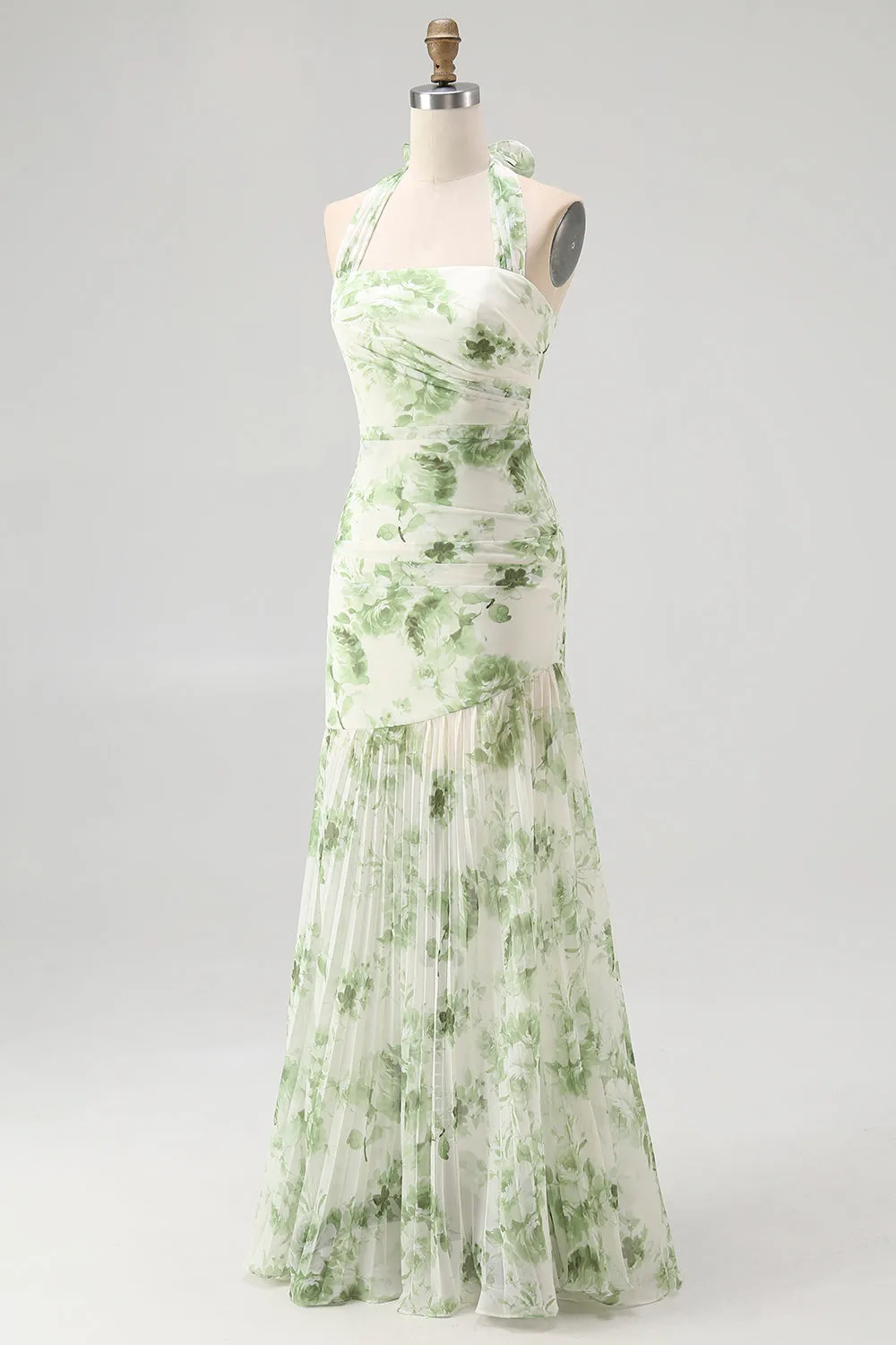 Green Flower A-Line Halter Pleated Long Bridesmaid Dress sold by Zapaka product image thumbnail 3