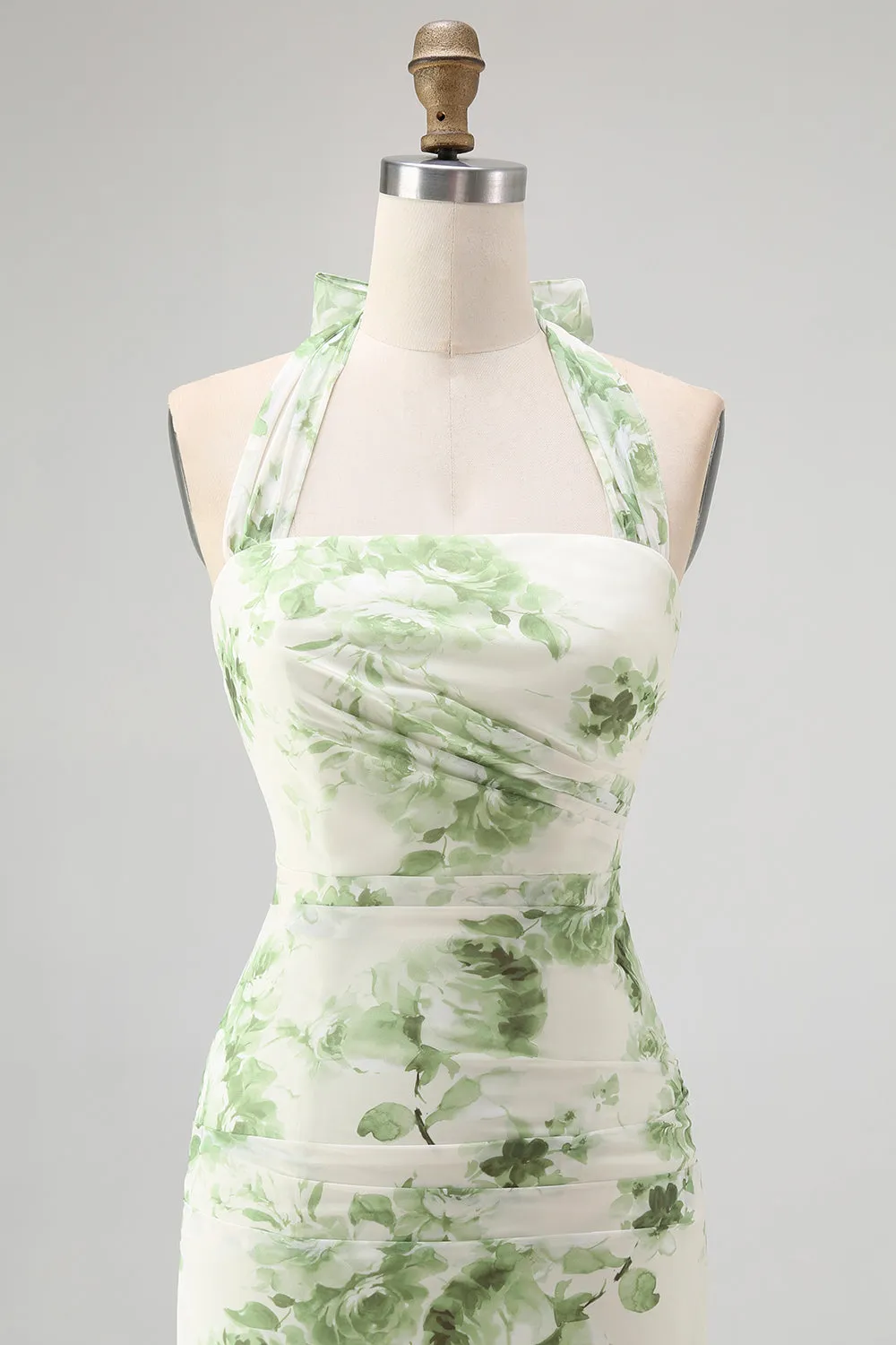 Green Flower A-Line Halter Pleated Long Bridesmaid Dress sold by Zapaka product image thumbnail 4