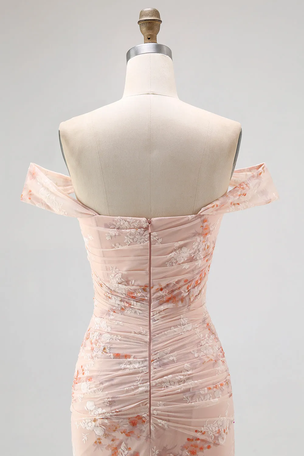 Off the Shoulder Mermaid Champagne Printed Ruched Wedding Guest Dress sold by Zapaka product image thumbnail 5