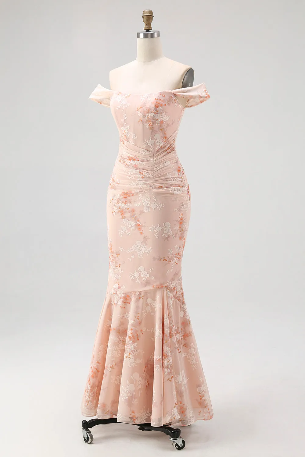 Off the Shoulder Mermaid Champagne Printed Ruched Wedding Guest Dress sold by Zapaka product image thumbnail 3