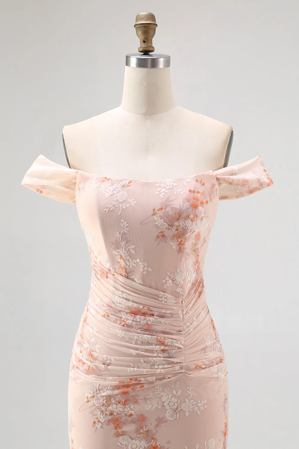 Off the Shoulder Mermaid Champagne Printed Ruched Wedding Guest Dress sold by Zapaka product image thumbnail 4