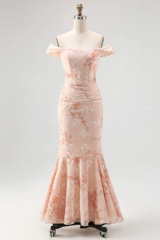 Off the Shoulder Mermaid Champagne Printed Ruched Wedding Guest Dress sold by Zapaka
