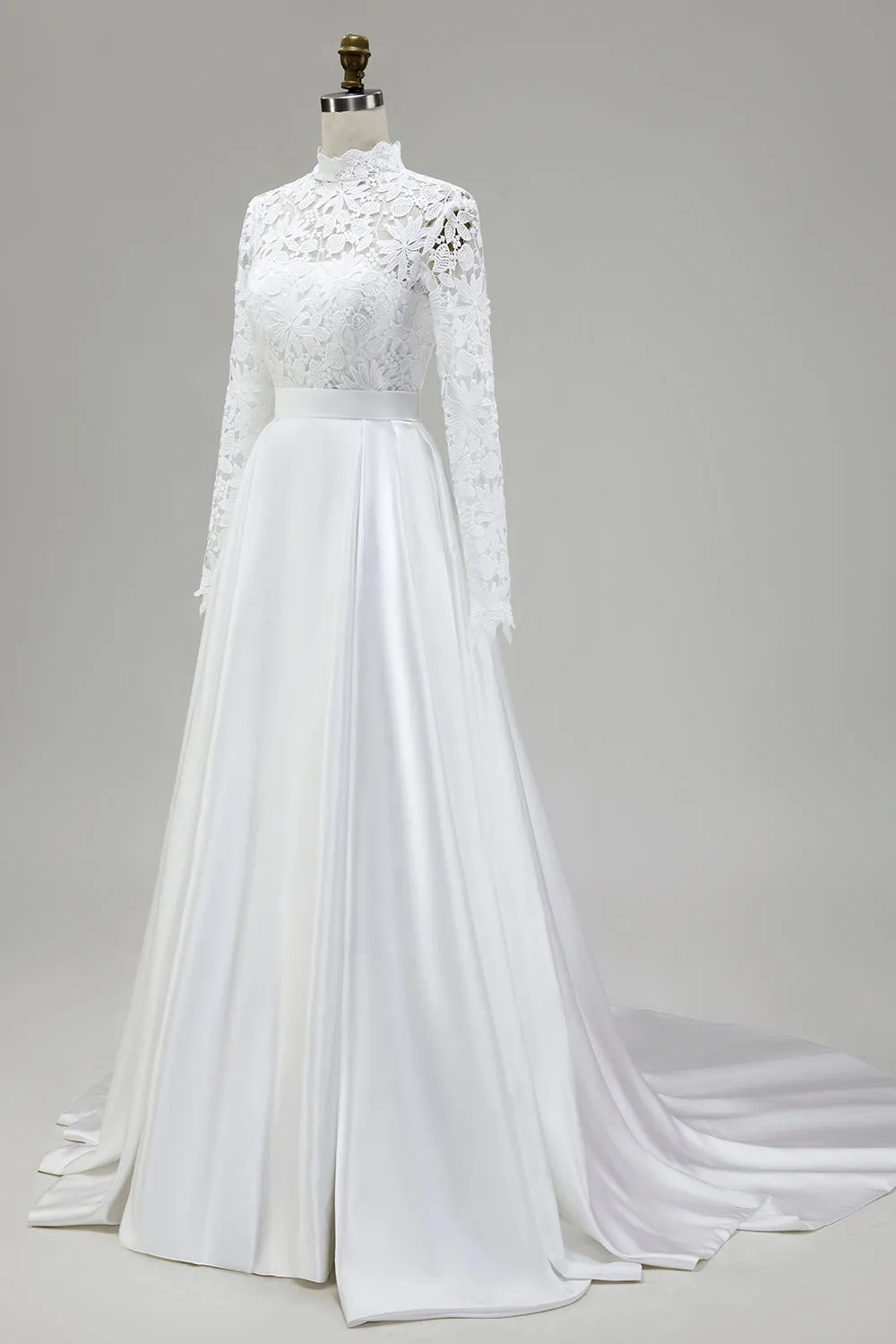 Ivory A-Line High Neck Satin Wedding Dress with Lace sold by Zapaka product image thumbnail 3