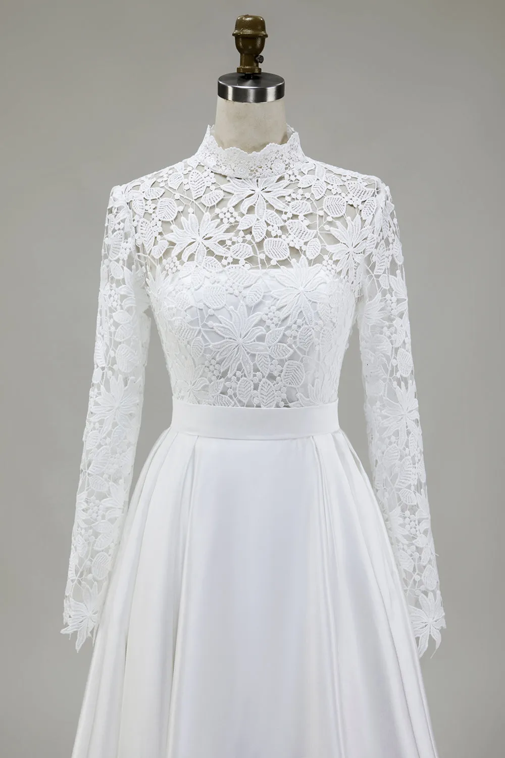 Ivory A-Line High Neck Satin Wedding Dress with Lace sold by Zapaka product image thumbnail 4