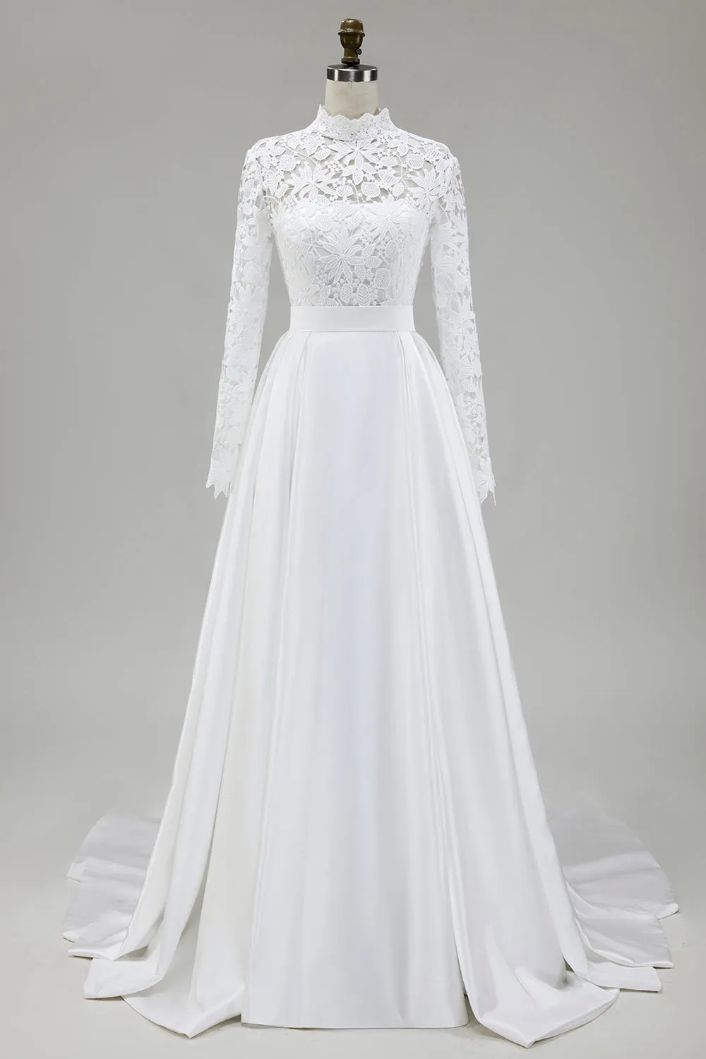 Ivory A-Line High Neck Satin Wedding Dress with Lace sold by Zapaka