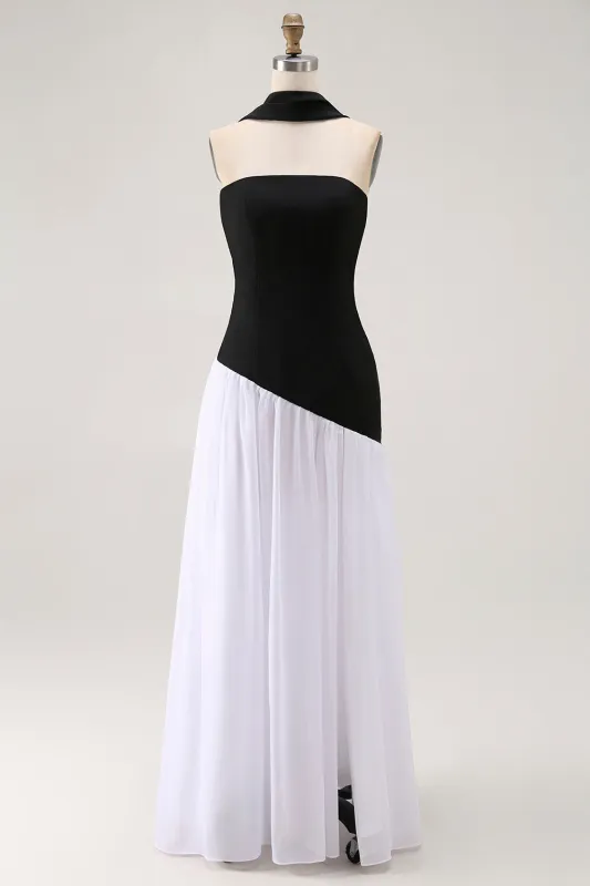 Black White A-Line Strapless Formal Dress With Halter Scarf made by Zapaka