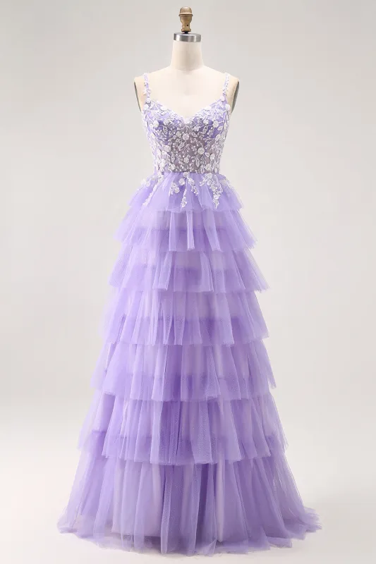 Purple A-Line Sequins Tulle Corset Tiered Long Prom Dress with Lace Up Back sold by Zapaka