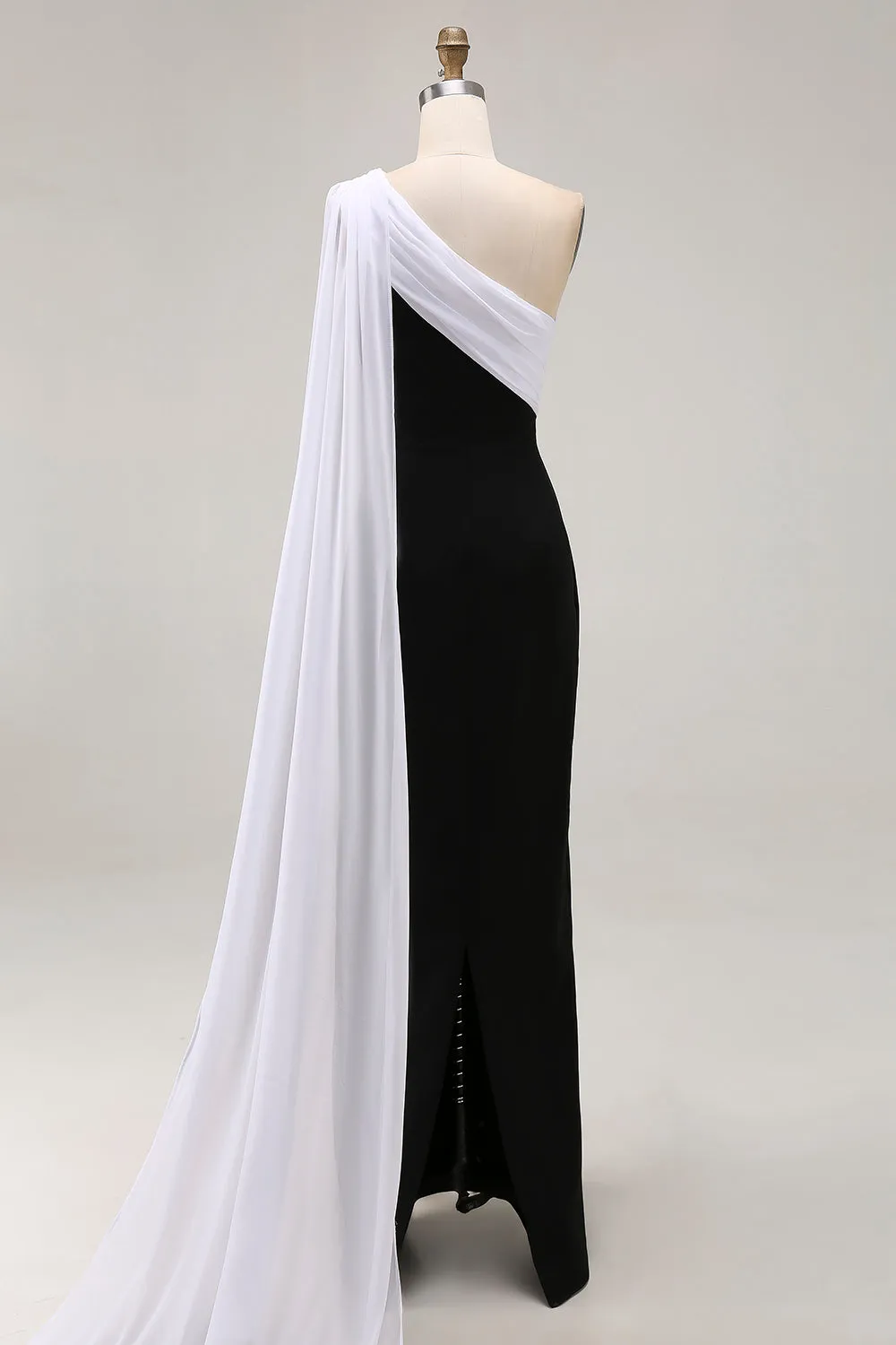 Black and White One Shoulder Sheath Long Formal Dress with Streamer sold by Zapaka product image thumbnail 2