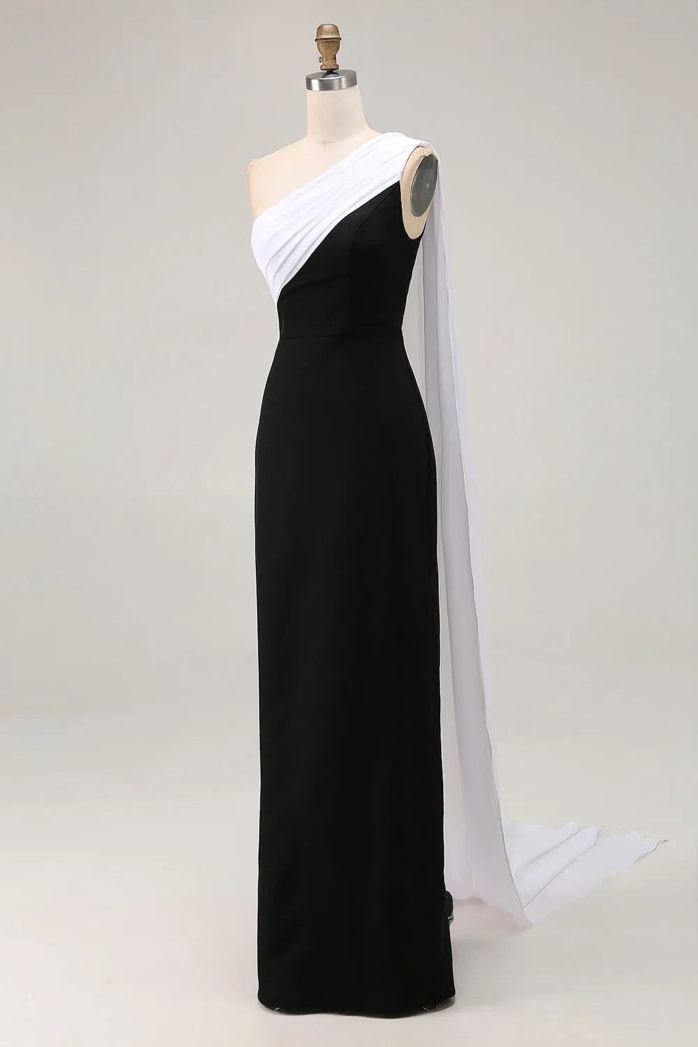 Black and White One Shoulder Sheath Long Formal Dress with Streamer sold by Zapaka product image thumbnail 3