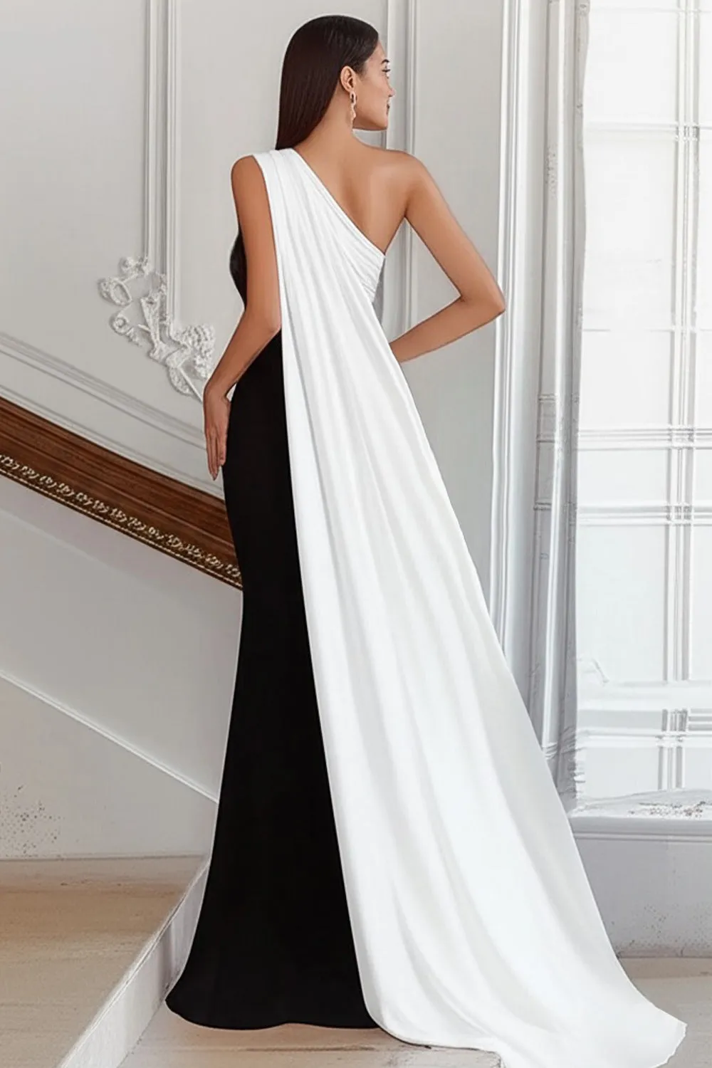 Black and White One Shoulder Sheath Long Formal Dress with Streamer sold by Zapaka product image thumbnail 5