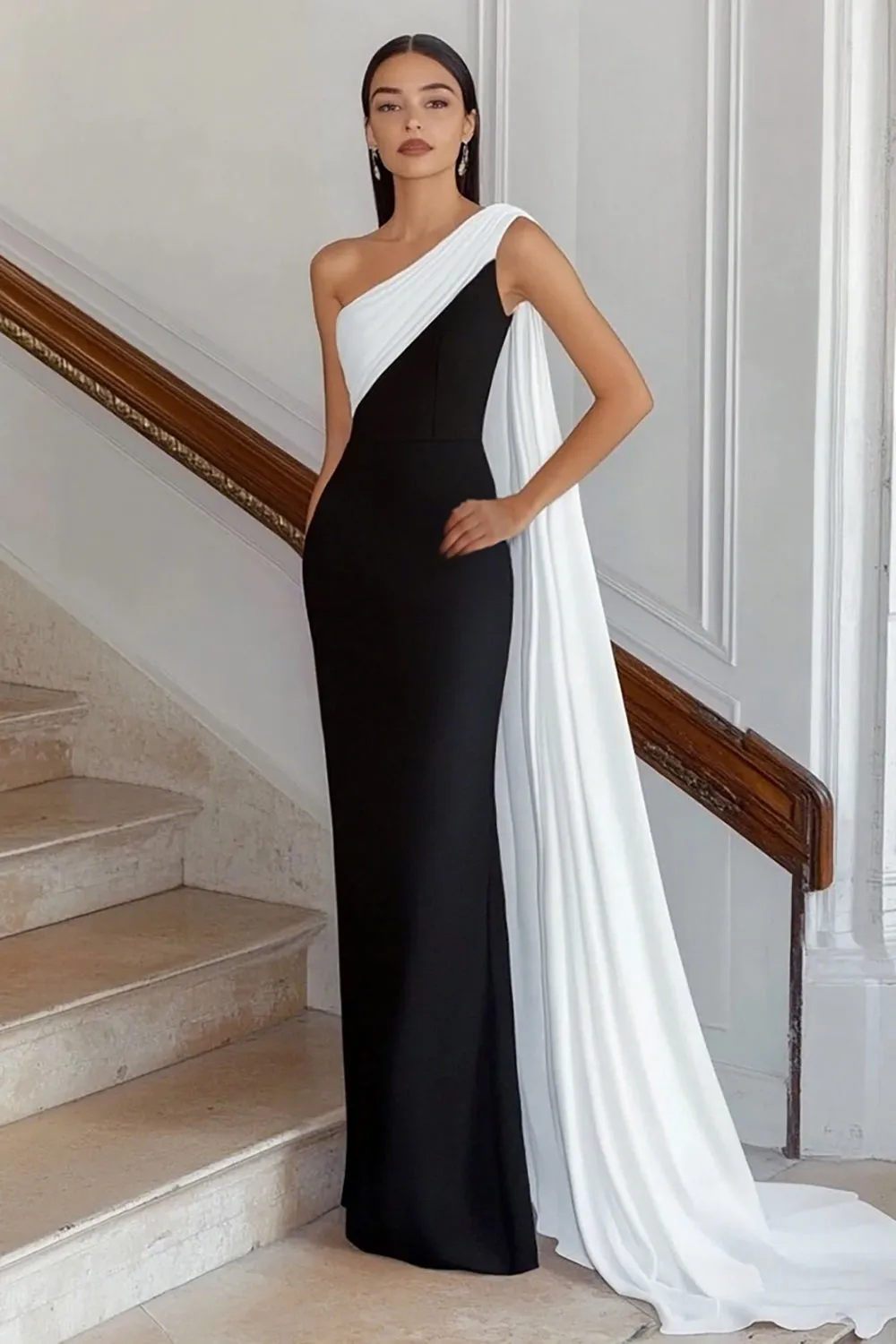 Black and White One Shoulder Sheath Long Formal Dress with Streamer sold by Zapaka product image thumbnail 4