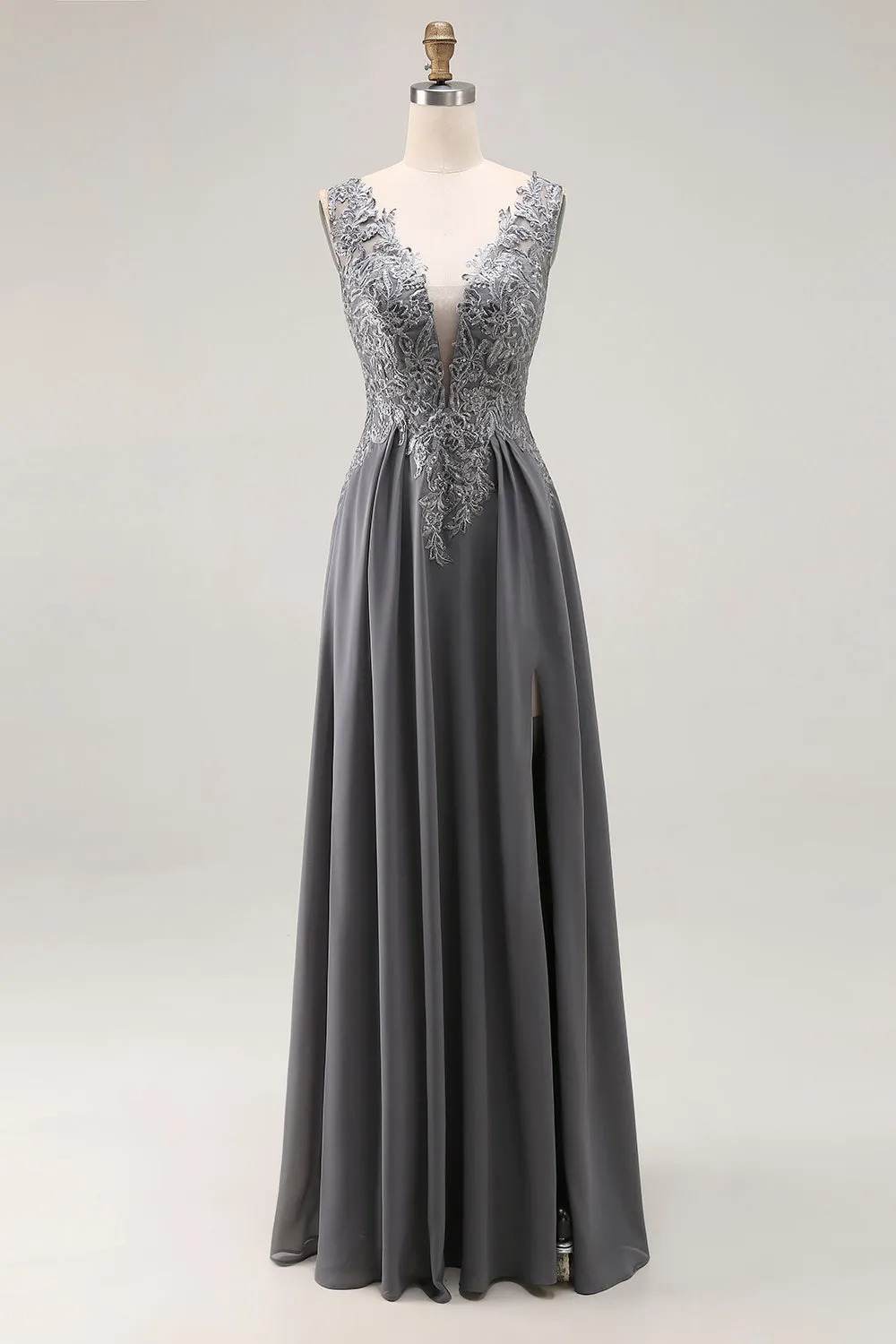 Charcoal A Line V-Neck Lace Long Mother of the Bride Dress with Appliques sold by Zapaka