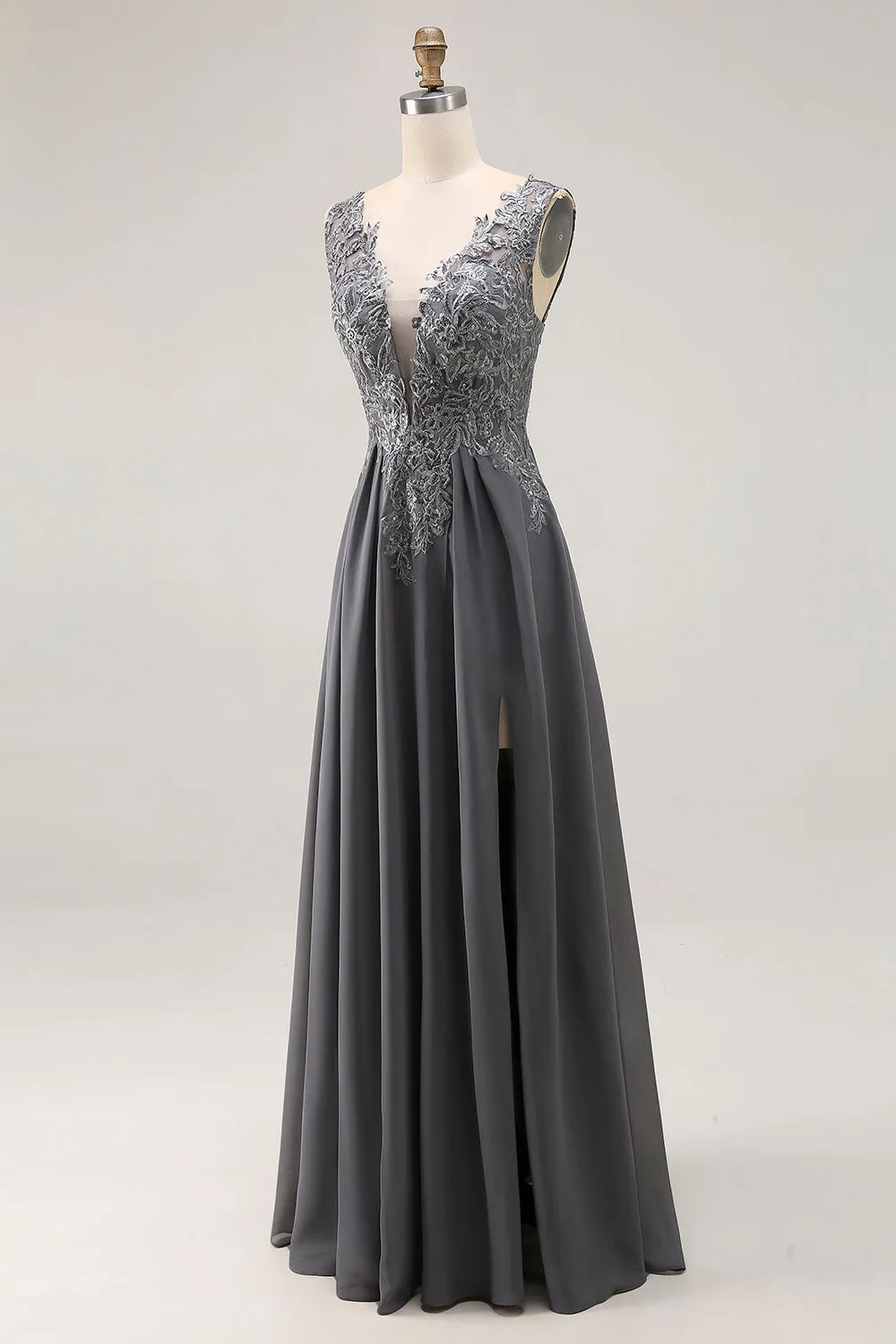 Charcoal A Line V-Neck Lace Long Mother of the Bride Dress with Appliques sold by Zapaka product image thumbnail 3