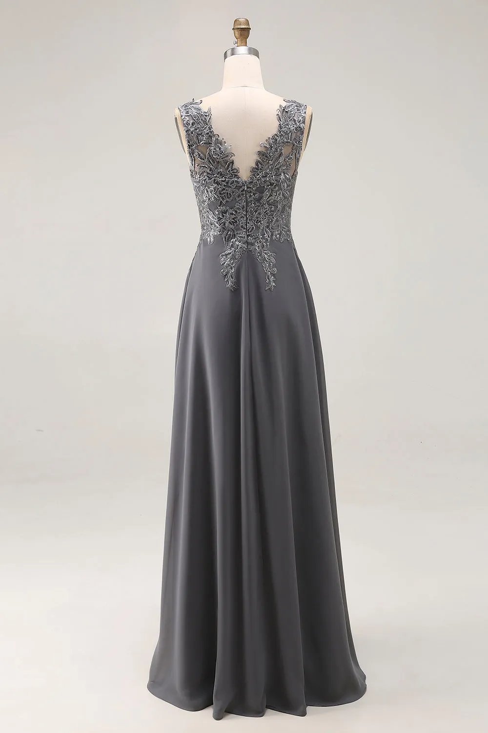 Charcoal A Line V-Neck Lace Long Mother of the Bride Dress with Appliques sold by Zapaka product image thumbnail 2