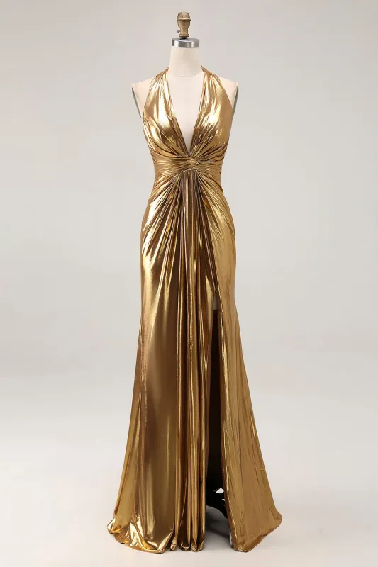 Gold Halter Metallic Ruched Long Formal Dress wth Slit sold by Zapaka