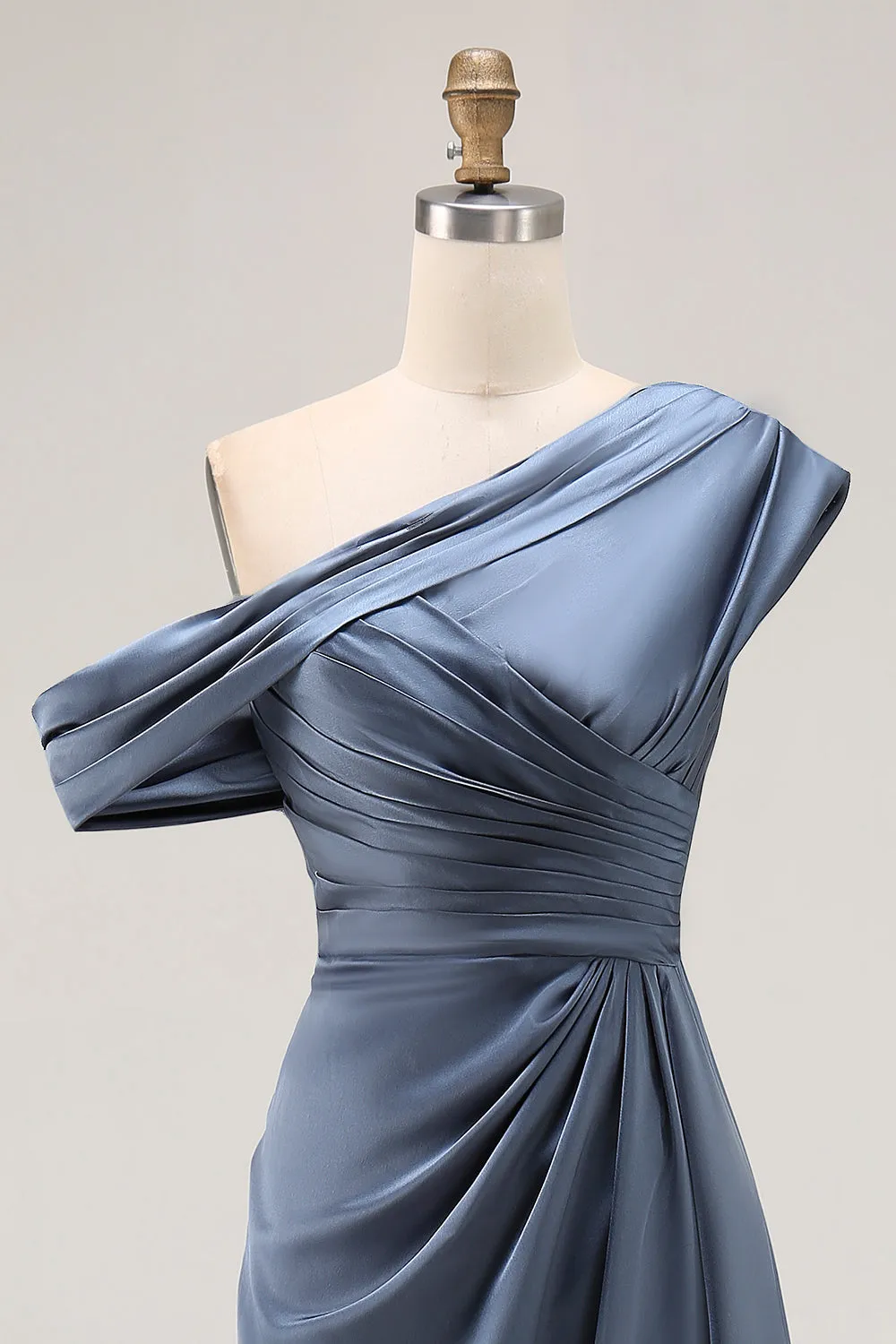 Grey Blue Mermaid One Shoulder Satin Ruched Formal Dress with Ruffles sold by Zapaka product image thumbnail 4