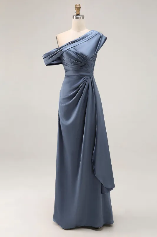 Grey Blue Mermaid One Shoulder Satin Ruched Formal Dress with Ruffles sold by Zapaka