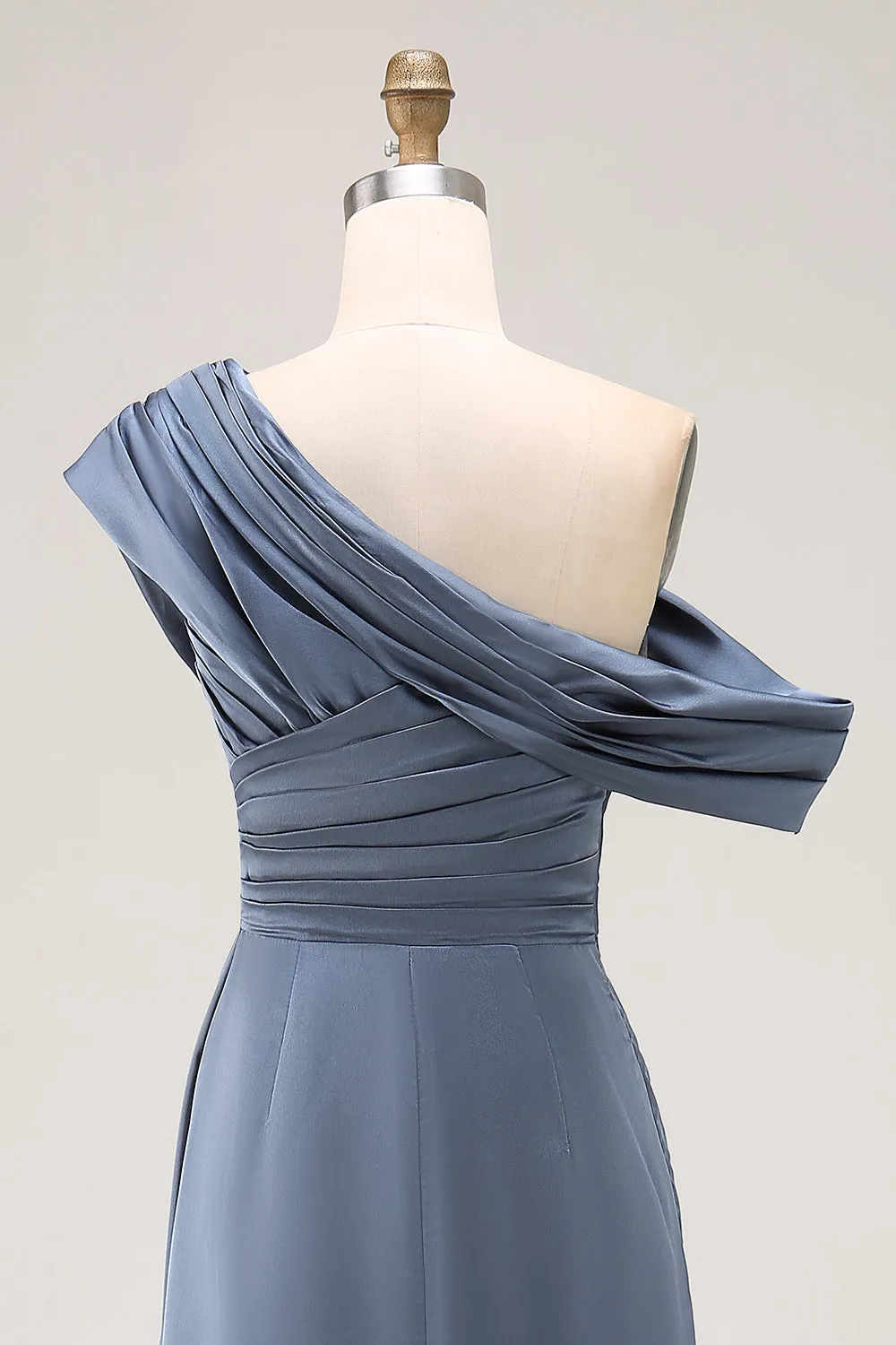 Grey Blue Mermaid One Shoulder Satin Ruched Formal Dress with Ruffles sold by Zapaka product image thumbnail 5
