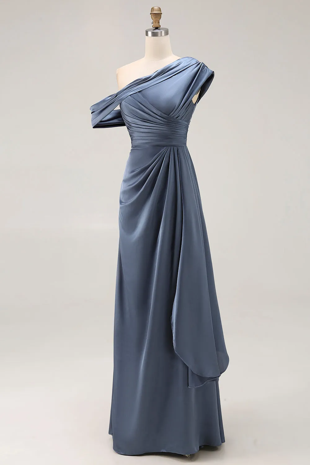 Grey Blue Mermaid One Shoulder Satin Ruched Formal Dress with Ruffles sold by Zapaka product image thumbnail 3