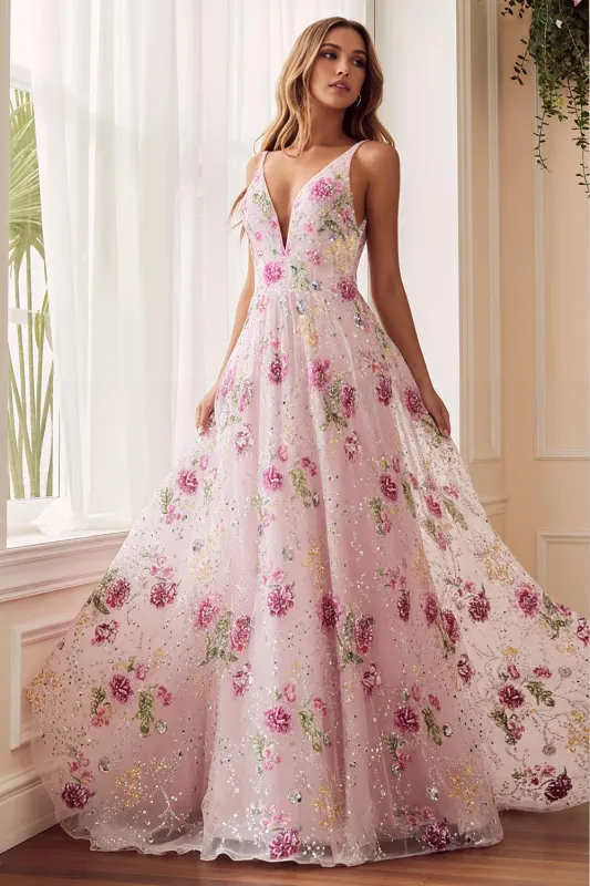 Pink Flower A Line V Neck Open Back Long Prom Dress with Beading sold by Zapaka
