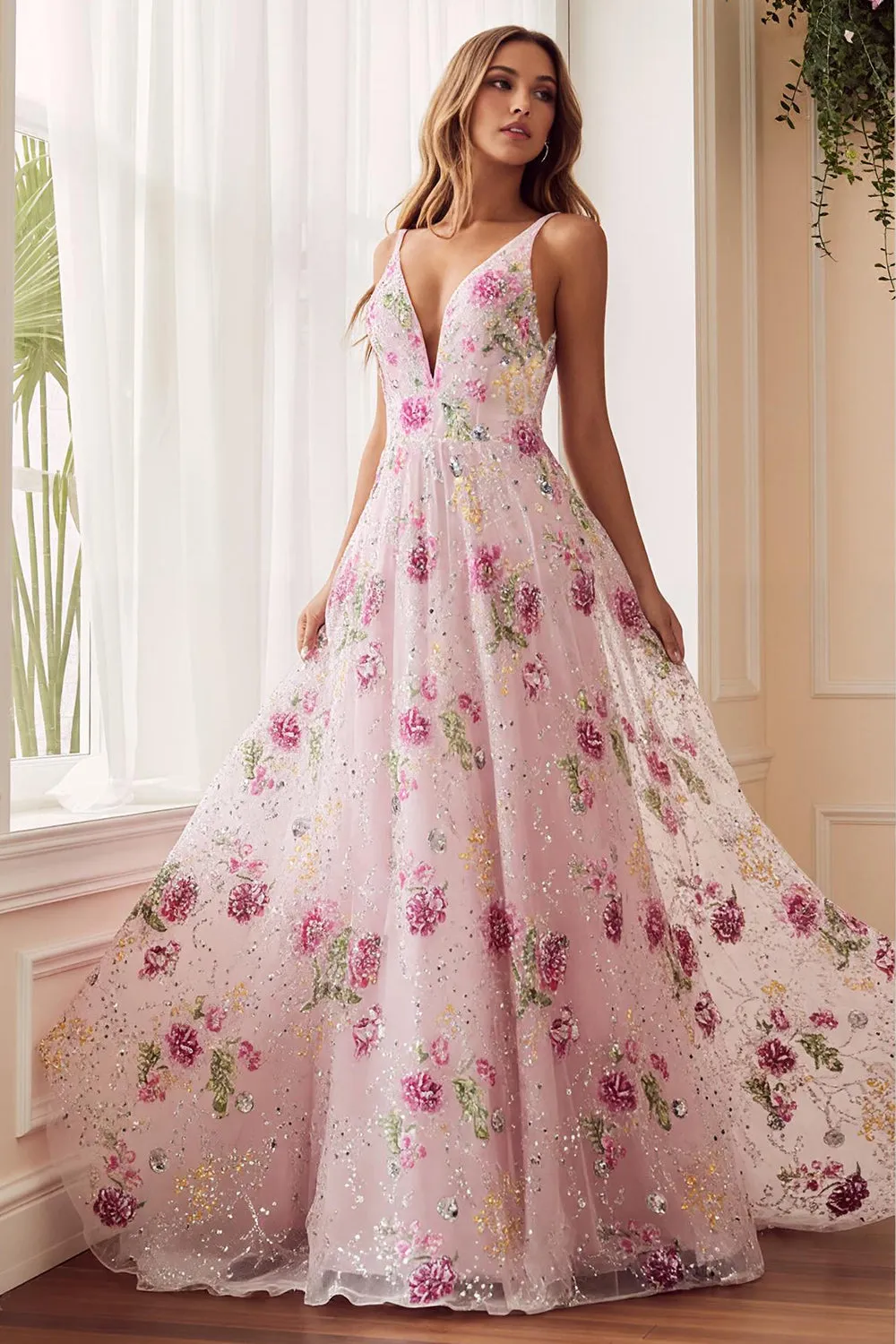 Pink Flower A Line V Neck Open Back Long Prom Dress with Beading sold by Zapaka