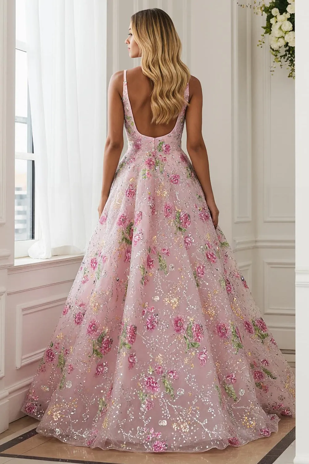 Pink Flower A Line V Neck Open Back Long Prom Dress with Beading sold by Zapaka product image thumbnail 2