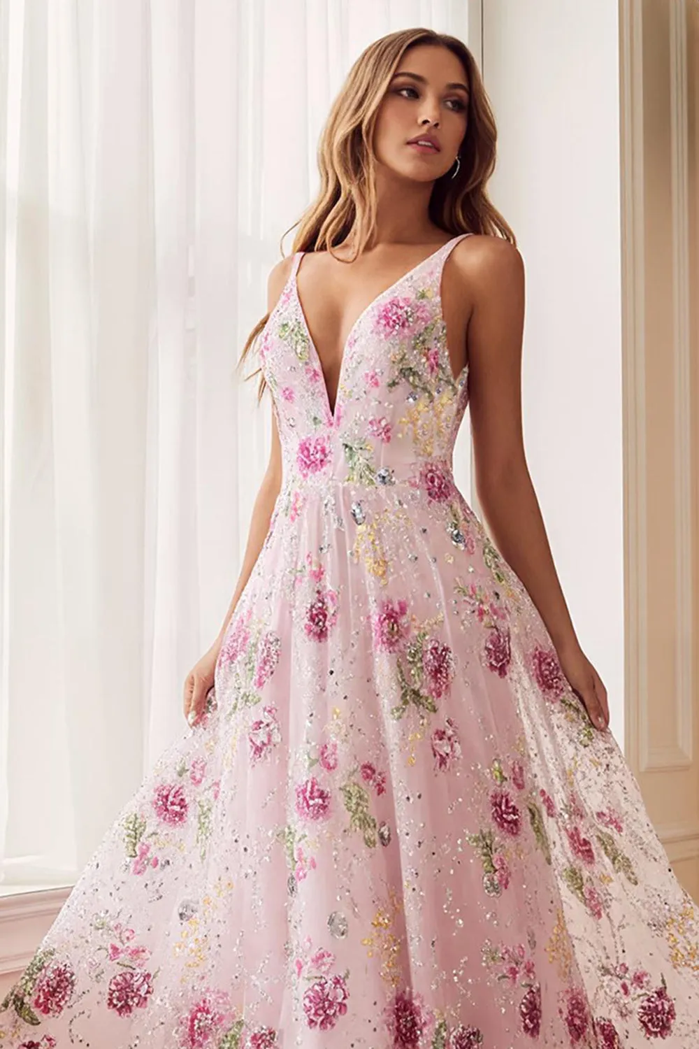 Pink Flower A Line V Neck Open Back Long Prom Dress with Beading sold by Zapaka product image thumbnail 3