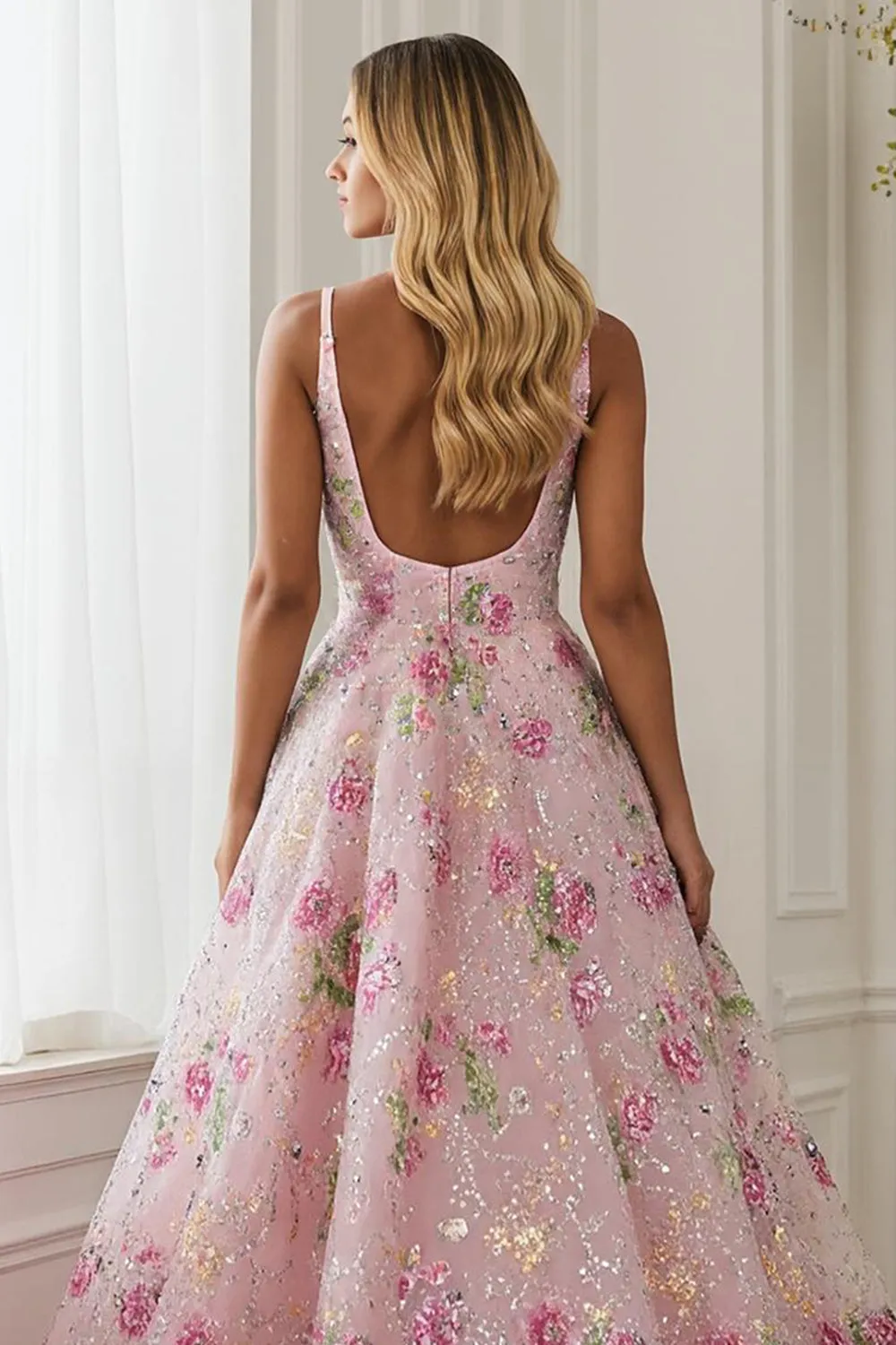 Pink Flower A Line V Neck Open Back Long Prom Dress with Beading sold by Zapaka product image thumbnail 4