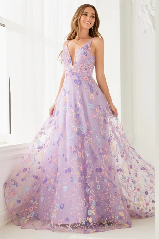 Lilac Floral A Line Spaghetti Straps Long Prom Dress with Embroidery sold by Zapaka