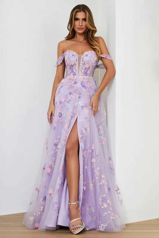 Lilac A Line Off The Shoulder Embroidered Long Prom Dress with Slit sold by Zapaka