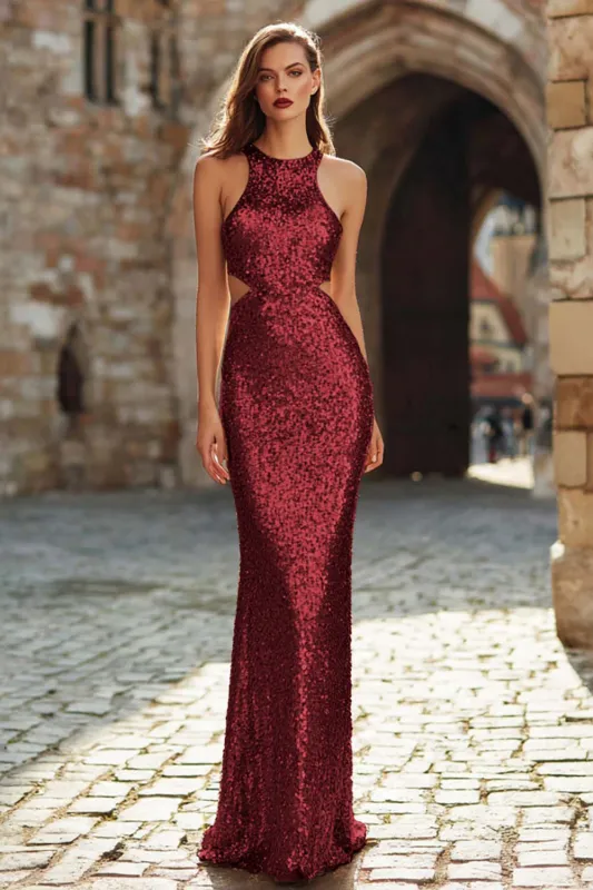 Sparkly Burgundy Sheath Halter Cut-Out Prom Dress sold by Zapaka