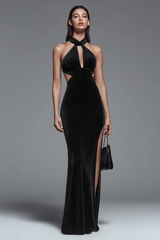 Halter Sheath Black Velvet Long Prom Dress With Slit sold by Zapaka